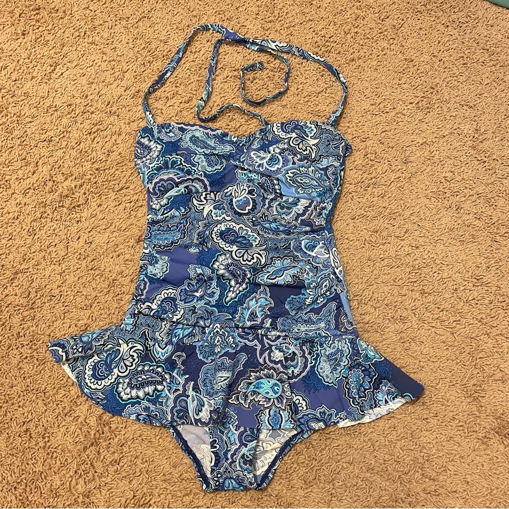Lauren Ralph Lauren Blue Paisley Swim One Piece Size 8 Slimming Skirt Strapless